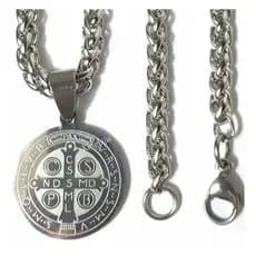 Medalha São Bento Duplaface E Corrente Indiana 60cm Aço Inox