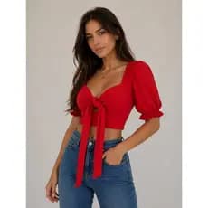 Blusa com nó, top cropped com mangas, con bojo