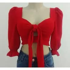 Cropped Feminino Manga Curta Bufante Com Amarração No Busto Decote Princesa Elegante Casual