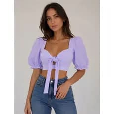 Cropped Feminino Manga Curta Bufante Com Amarração No Busto Decote Princesa Elegante Casual