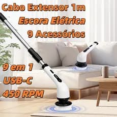 Escova Elétrica de Limpeza 9 em 1 USB-C, 450 RPM, com 9 Acessórios e Cabo Extensão 1m