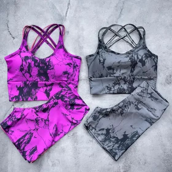 Kit 2 Conjuntos Marmorizado Shorts Cintura Alta Feminino Bojo Removível Roupas Fitness