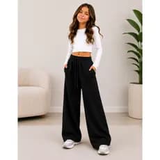 Calça Moletom Infantil Feminina Flanelada Com Bolso Wide Leg Moda Inverno Casual Peluciada