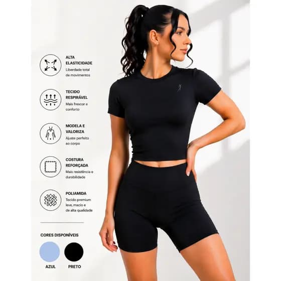 Conjunto Academia Feminino Cropped Blusinha + Short Zero Transparência Poliamida Premium