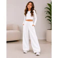 Calça Moletom Infantil Feminina Wide Leg Flanelada Algodão Casual Moderna Confortável Envio Imediato