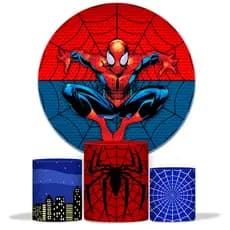 Painel De Aniversário Homem Aranha Redondo 150 x 150 + Capa De Cilindros De Aniversário Festa Spider