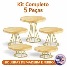 Kit 5 Boleiras Bandejas Decorativas Porta Doces em Ferro e Madeira Suporte para Bolos