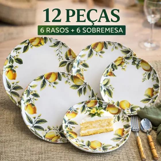 Kit 12 Pratos Porto Brasil Limonata 6 Rasos + 6 Sobremesa Cerâmica Decorada Limão Mesa Posta