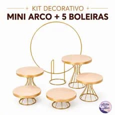 Kit Decorativo Arco De Mesa Dourado + Boleira e Doceiras com 5 peças Decoração Festas Eventos