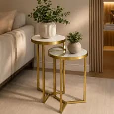 Kit 2 Mesas Laterais Douradas Espelhadas Mesa de Apoio Redonda Sala Quarto Decoração Luxo