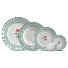 Aparelho de Jantar 20 peças Alleanza Cerâmica Charlote Floral Verde - Jogo Completo Com Pratos e Xícaras Elegantes