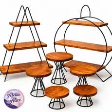 Kit Decorativo Completo 7 Peças Madeira Verniz Luxo Decoração Aniversário Suporte para Doces e Bolo