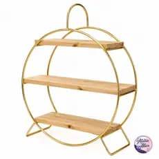 Doceira Roda Gigante 3 Andares Ferro Dourado e Madeira Pinus Suporte Para Doces Mesa Decorada Aniversário Casamento