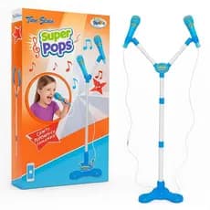 Kit Microfone Infantil Duplo Com Pedestal Conecta No Celular Som E Luz De Led Karaoke Rock Hero Squad Menino