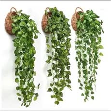 Arranjo De 3 Pendentes Artificial Verde + Vaso De Planta Trançado Marrom Decoração Casa, Casamento