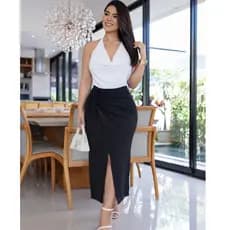 Blusa Frente Unica Crepe Dunas Decote Drapeado Elegante Saia Max Midi