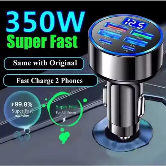 Carregador Veicular Turbo 350W Super Fast – 6 Portas (USB + USB-C) com Monitor de Voltagem LED Digital