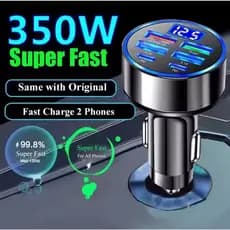 Carregador Veicular Turbo 350W Super Fast – 6 Portas (USB + USB-C) com Monitor de Voltagem LED Digital
