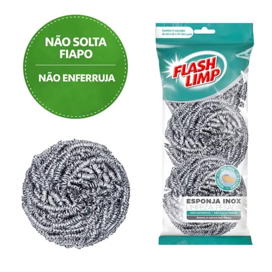 Kit Esponjas de Inox Flash Limp Limpeza Pesada de Louças