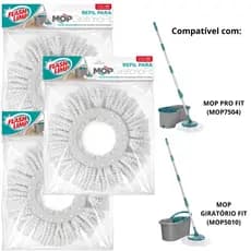 Kit 3 Refil 13,5 cm Mop Giratório Fit Flash Limp Balde 8 Litros Esfregão Microfibra