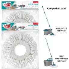 Kit 2 Refil 13,5 cm Mop Giratório Fit Flash Limp Balde 8 Litros Esfregão Microfibra