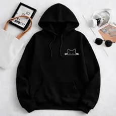 Moletom Canguru Unissex Gato Preto Algodão Liso Cordão Ajustável Bolso Reforçado Inverno