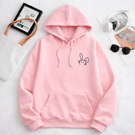 Casaco Canguru Feminino Rosa Coelho Fofo Flanelado Bolso Reforçado Cordão Ajustável Inverno Estiloso