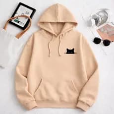 Moletom Canguru Unissex Bege Gato Feminino Flanelado Bolso Cordão Ajustável Estilo Urbano