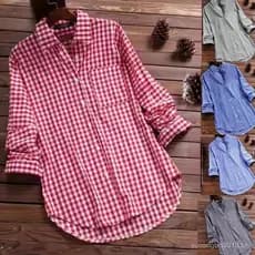Grande estoque pronto comércio exterior transfronteiriço feminino solto xadrez lapela manga comprida camisa de bolso ret