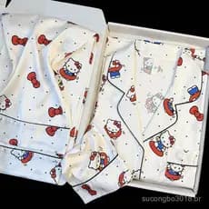 Pijama feminino fofo da Hello Kitty para primavera e outono, em seda gelada, com mangas compridas, para uso em casa.