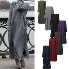 2025 Novo Vestido Longo Solto de Outono Plus Size com Acabamento de Renda Tricotada e Moletom Casual