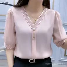 Camiseta Casual de Verão em Chiffon de Seda com Manga Média, Blusa Feminina com Decote em V ROYW