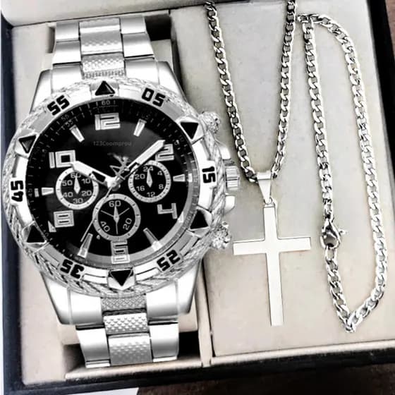 Kit Relógio Masculino Aço Inox Com Corrente Cruz e Pulseira de Aço Inox
