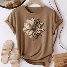 Camisa Camiseta Feminina Flor Onça Blusa 100 % Algodão Fio 30.1 Manga Curta Lançamento 2026
