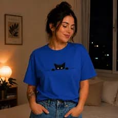 Camisa Camiseta Unissex 100% Algodão Blusa Gato Espiando Minimalista Fofo Estampado Confortável