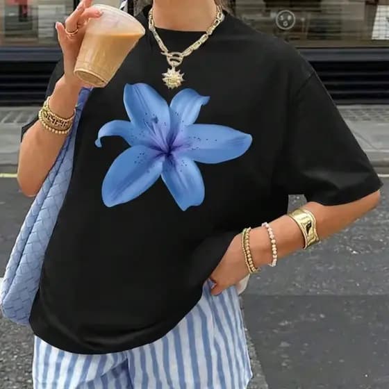 Camisa Flor Blogueira Estilosa Despojada Manga Curta 100% Algodão Fio 30.1 Lançamento 2026