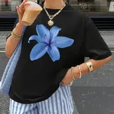Camisa Flor Blogueira Estilosa Despojada Manga Curta 100% Algodão Fio 30.1 Lançamento 2026