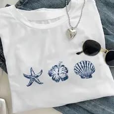 T-shirt Camiseta Estampada Feminina Praiana Conchas Estilosas - 100% Algodão