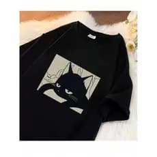 Camiseta Casual Unissex Cat Sleepy Camisa 100% Algodão Preta Estampa Gatinho Dormindo Promoção