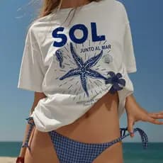 Camiseta Casual Branca Com Estrela-Do-Mar Soltinha 100% Algodão Fio 30.1 Manga Curta