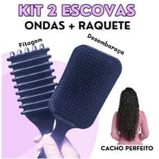 Kit Escova Fitagem + Escova Raquete para Definir e Desembaraçar cabelos Ondas Cachos e Crespos