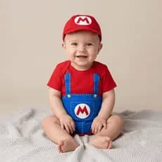 Body Bebê Menino Mêsversário Temático Do Super Mario Bros - Manga Curta, Suedine 100% Algodão