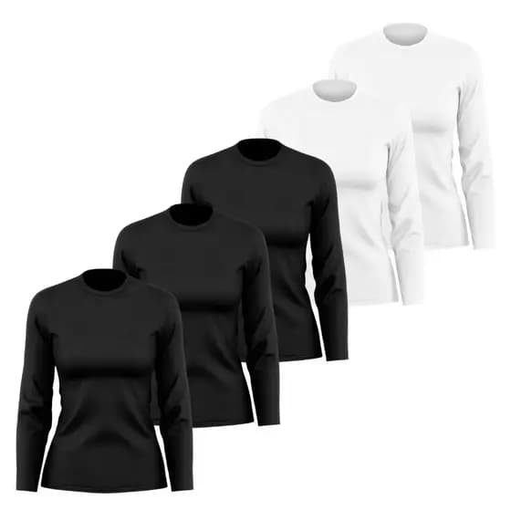 KIT 5 Camiseta Manga Comprida Feminina 100% Poliéster