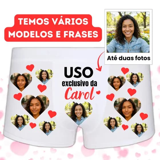 Cueca Boxer Personalizada com Foto Namorada Coração Presente Criativo