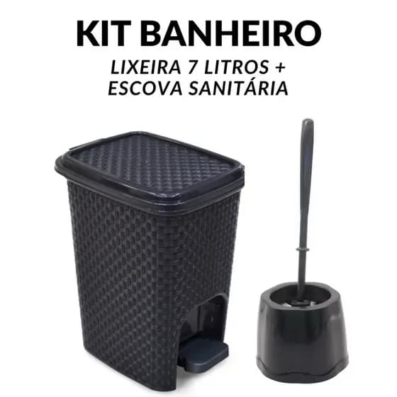 Kit Banheiro com 1, 2 ou 3 Lixeira Rattan Preta Pedal 07 litros + Escova Sanitária com Suporte