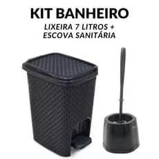 Kit Banheiro com 1, 2 ou 3 Lixeira Rattan Preta Pedal 07 litros + Escova Sanitária com Suporte