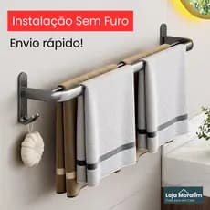 Suporte Porta Toalha Toalheiro Banheiro Sem Furo Duplo com Gancho p/ Toalha de Rosto - Cor Cinza