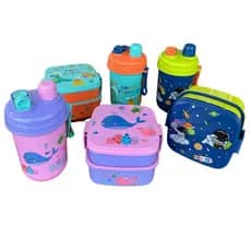 Kit Marmita Lancheira Com Garrafa Bico Duplo Estampas Divertidas Infantil