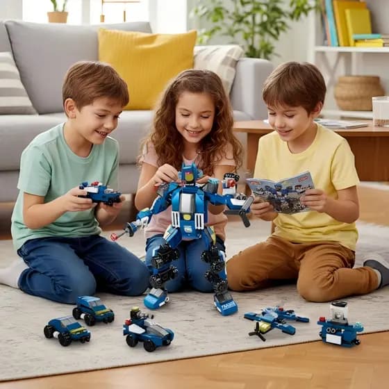 Blocos de Montar 6 em 1 Robô Polícia SWAT e Trem Brinquedo Educativo Mini Bricks Kit Colecionável
