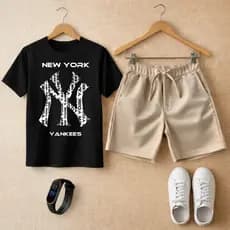 Kit Infantil Escolar Menino Camiseta NY  Premium e Bermuda Moletinho Super Leve com Relógio